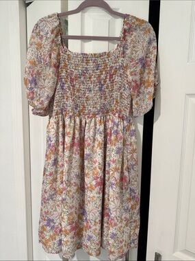 Mikarose Cream Floral Smocked Mini Dress with Pink, Purple & Orange Blooms
